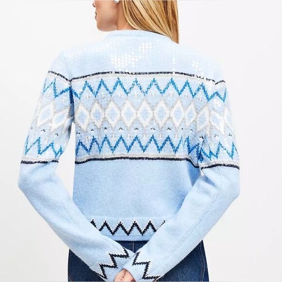 NWT Loft Sequin Fair Isle Sweater Jacket Cardigan in Sky Blue Size XL - Picture 3 of 8